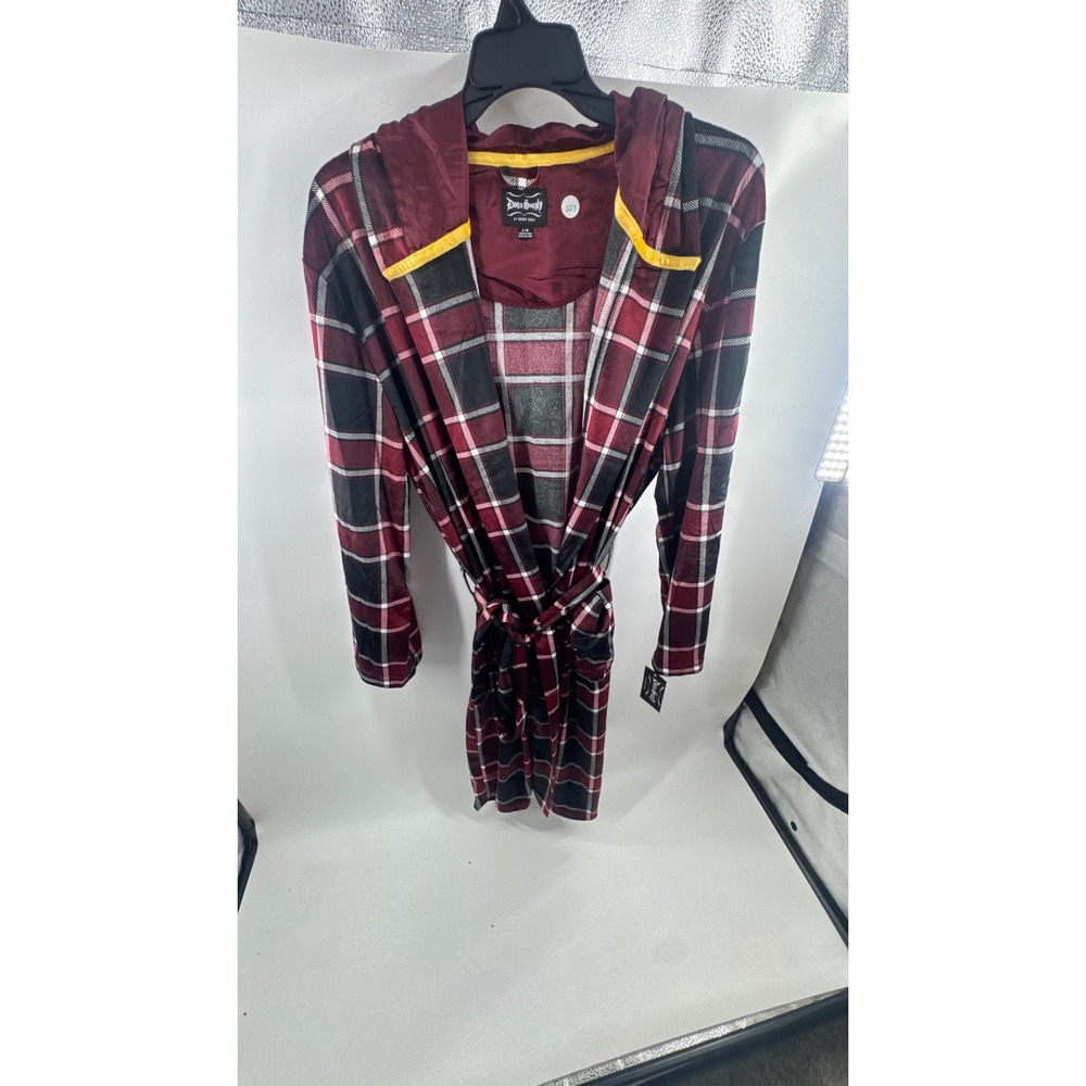 Diamond Supply Co Mens Plaid Hooded Robe Red Black White Fleece Logo L/XL NWT